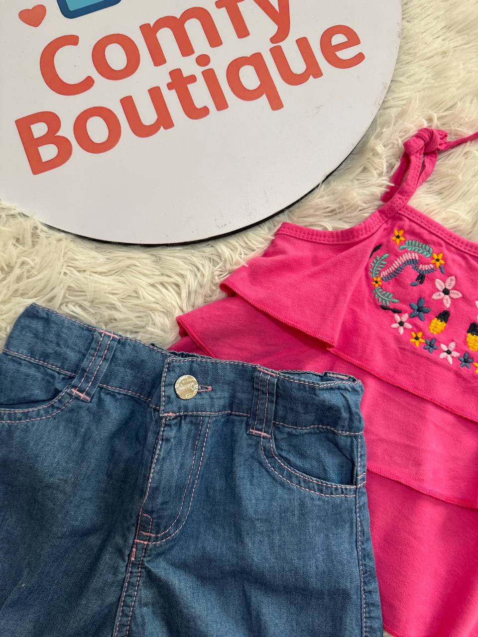 Girls’ Pink Embroidered Top & Denim Shorts Set