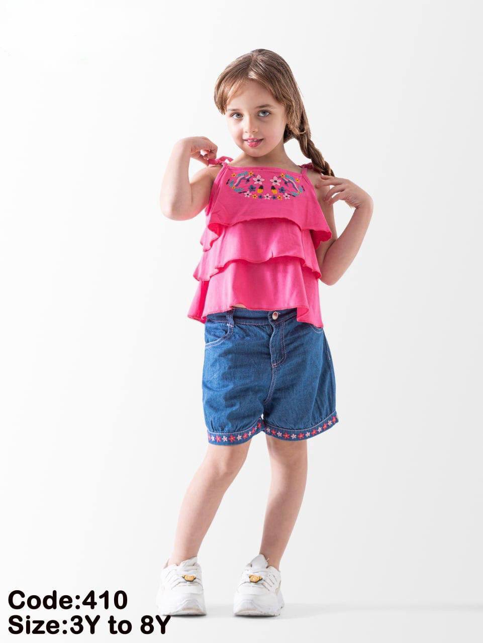 Girls’ Pink Embroidered Top & Denim Shorts Set