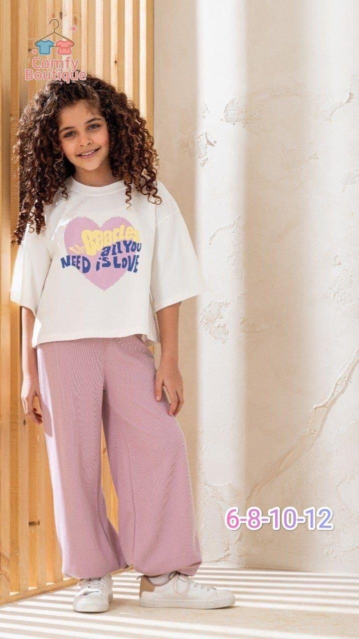 Girls’ Oversized Heart Print Top & Wide-Leg Pants Set – White & Pink Casual Outfit