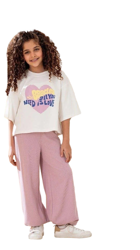 Girls’ Oversized Heart Print Top & Wide-Leg Pants Set SO5250 – White & Pink Casual Outfit
