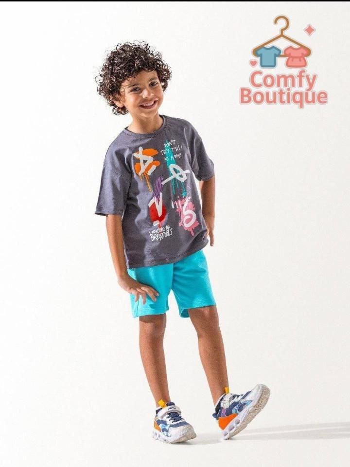 Boys Graffiti Print Summer Set – Charcoal T-Shirt & Aqua Shorts | Casual Cotton Outfit