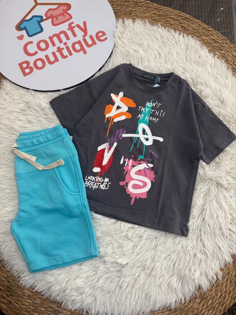 Boys Graffiti Print Summer Set – Charcoal T-Shirt & Aqua Shorts | Casual Cotton Outfit