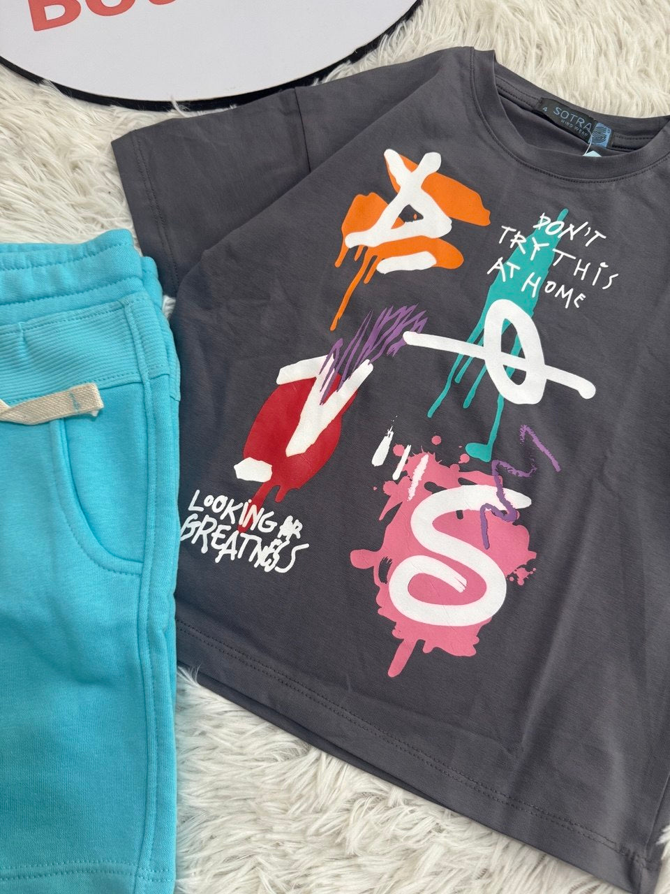 Boys Graffiti Print Summer Set – Charcoal T-Shirt & Aqua Shorts | Casual Cotton Outfit