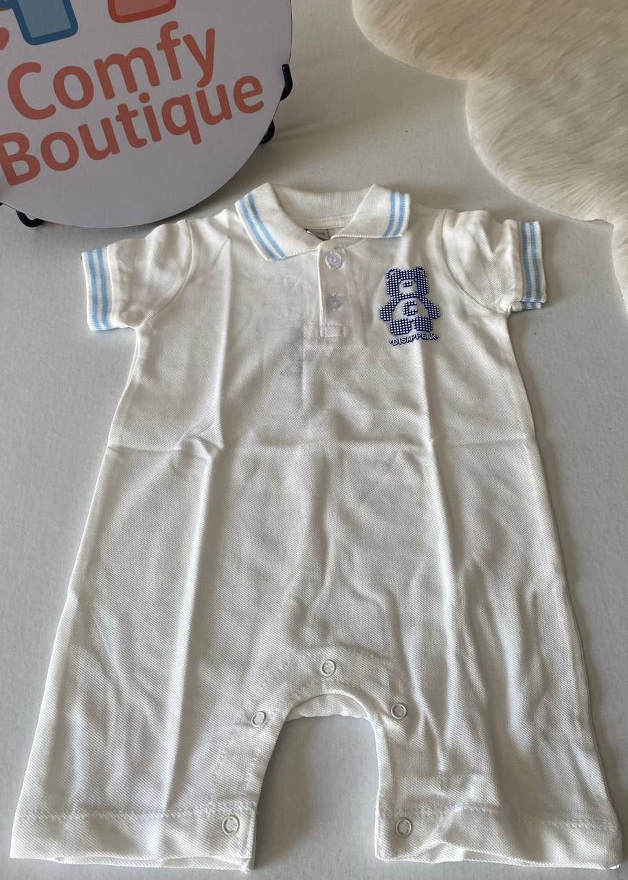 Baby Boys White Polo Romper with Blue Trim & Bear Detail