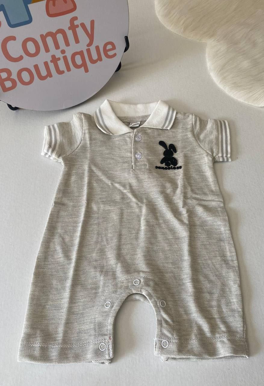 Baby Boys Gray Polo Romper with Blue Trim & Bear Detail 🧸💙