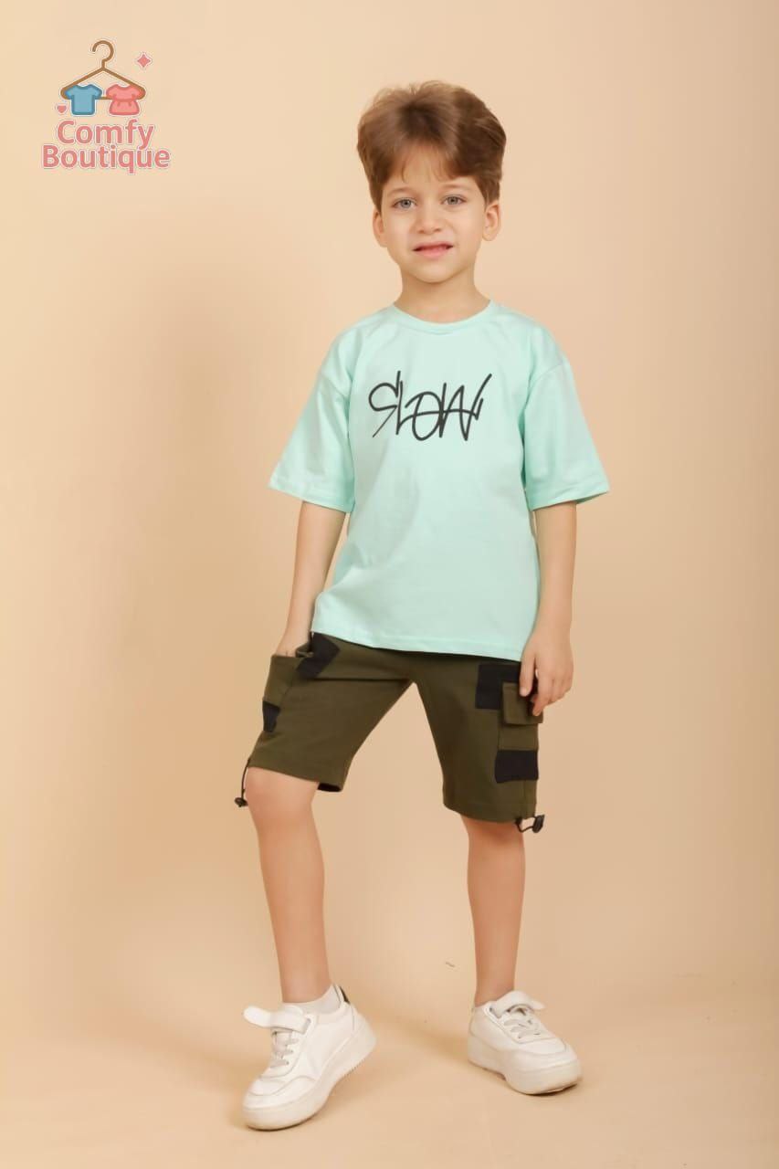 Boys Fashion Summer Set – Mint Top & Olive Cargo Shorts