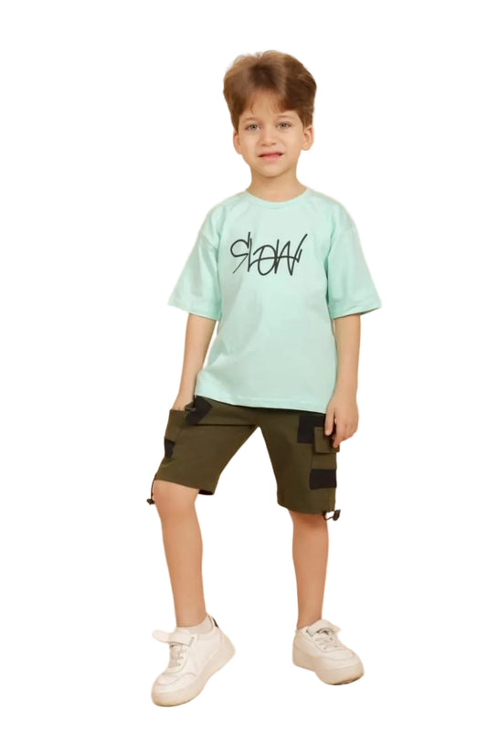Boys Fashion Summer Set – Mint Top & Olive Cargo Shorts