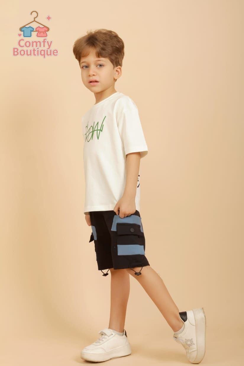 Boys Fashion Summer Set – white Top & Black Cargo Shorts