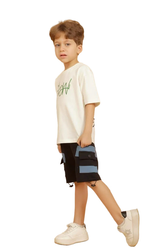 Boys Fashion Summer Set – white Top & Black Cargo Shorts