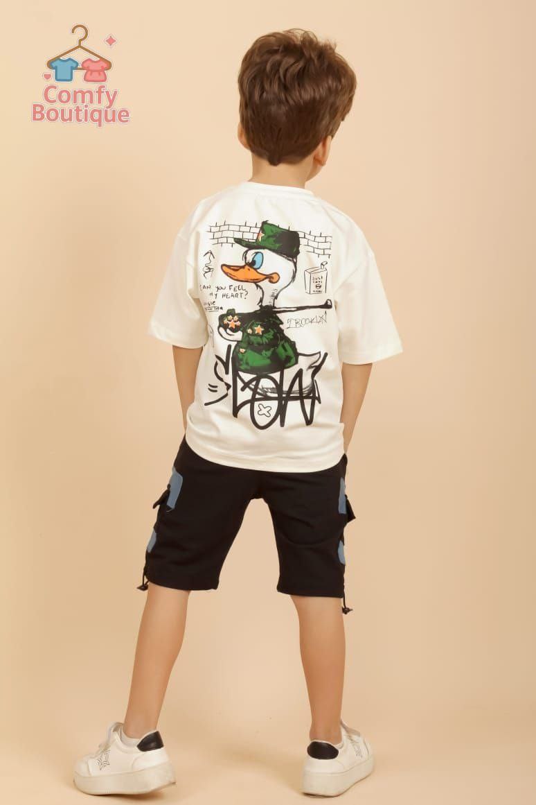 Boys Fashion Summer Set – white Top & Black Cargo Shorts