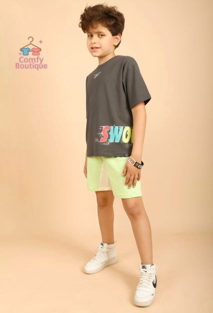 Boys’ Charcoal Graphic T-Shirt & Neon Lime Shorts Casual Summer Outfit