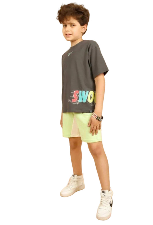 Boys’ Charcoal Graphic T-Shirt & Neon Lime Shorts Casual Summer Outfit