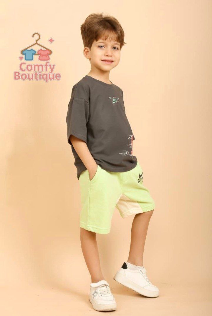 Boys’ Charcoal Graphic T-Shirt & Neon Lime Shorts Casual Summer Outfit