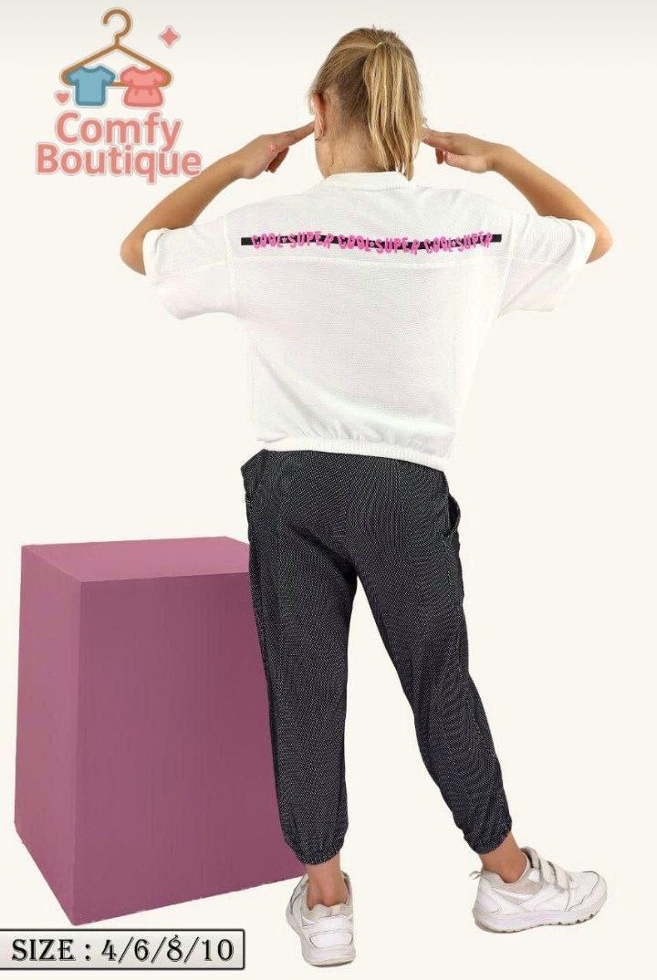 Girls’ “Super Cool” White T-Shirt & Grey Jogger Pants Casual Outfit