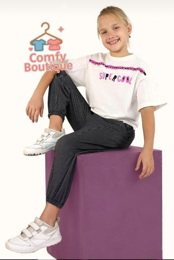 Girls’ “Super Cool” White T-Shirt & Grey Jogger Pants Casual Outfit