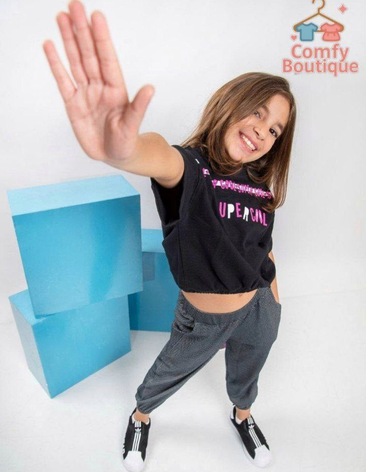 Girls’ “Super Cool” Black T-Shirt & Grey Jogger Pants Casual Outfit