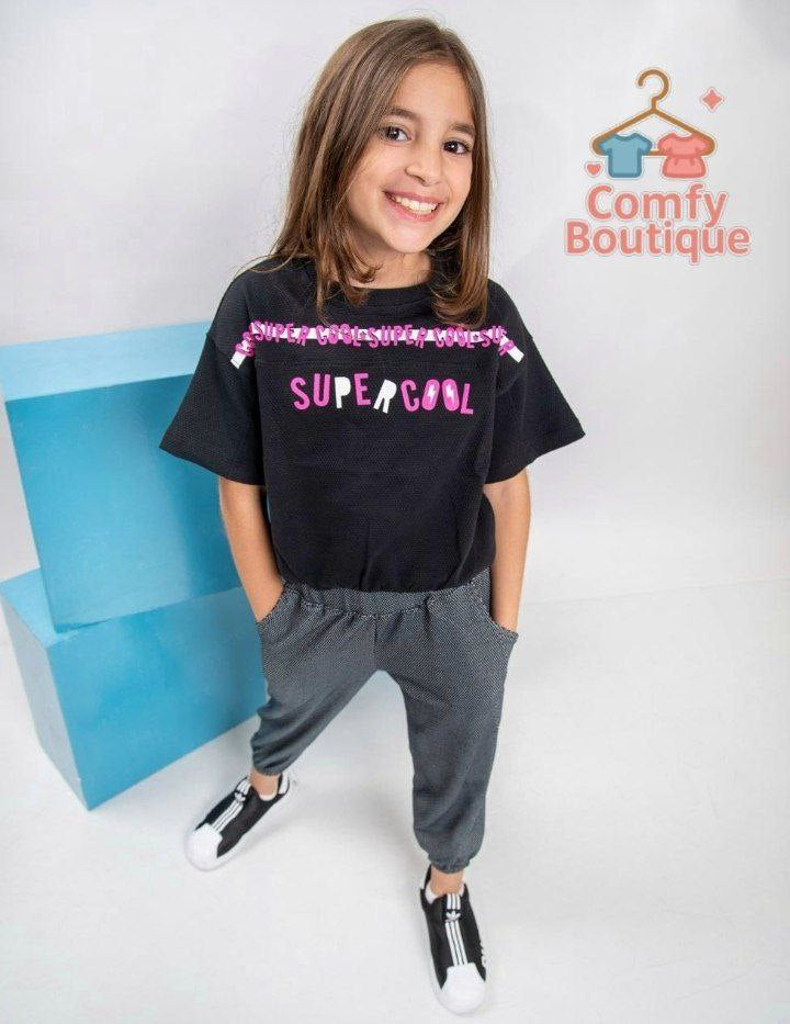 Girls’ “Super Cool” Black T-Shirt & Grey Jogger Pants Casual Outfit