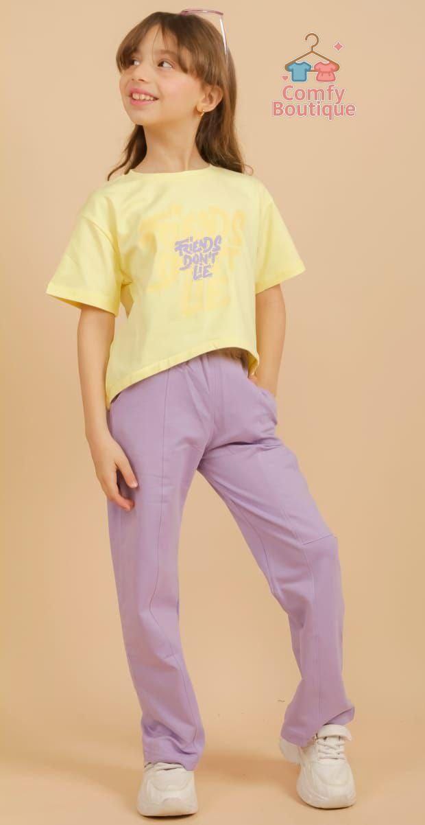 Girls’ Pastel Summer Outfit – Yellow Graphic Tee & Lavender Wide-Leg Pants