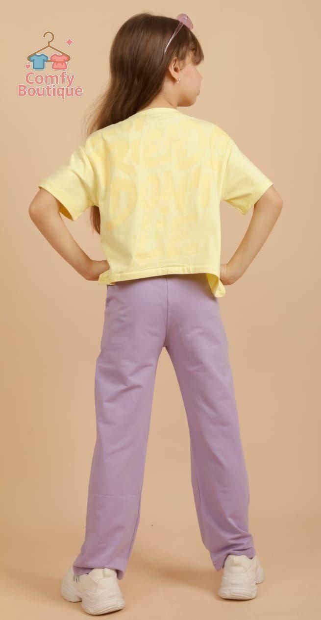 Girls’ Pastel Summer Outfit – Yellow Graphic Tee & Lavender Wide-Leg Pants