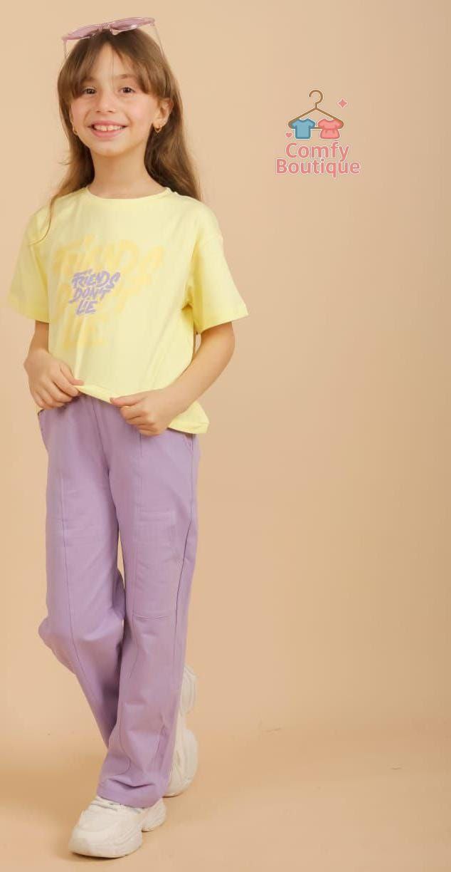 Girls’ Pastel Summer Outfit – Yellow Graphic Tee & Lavender Wide-Leg Pants