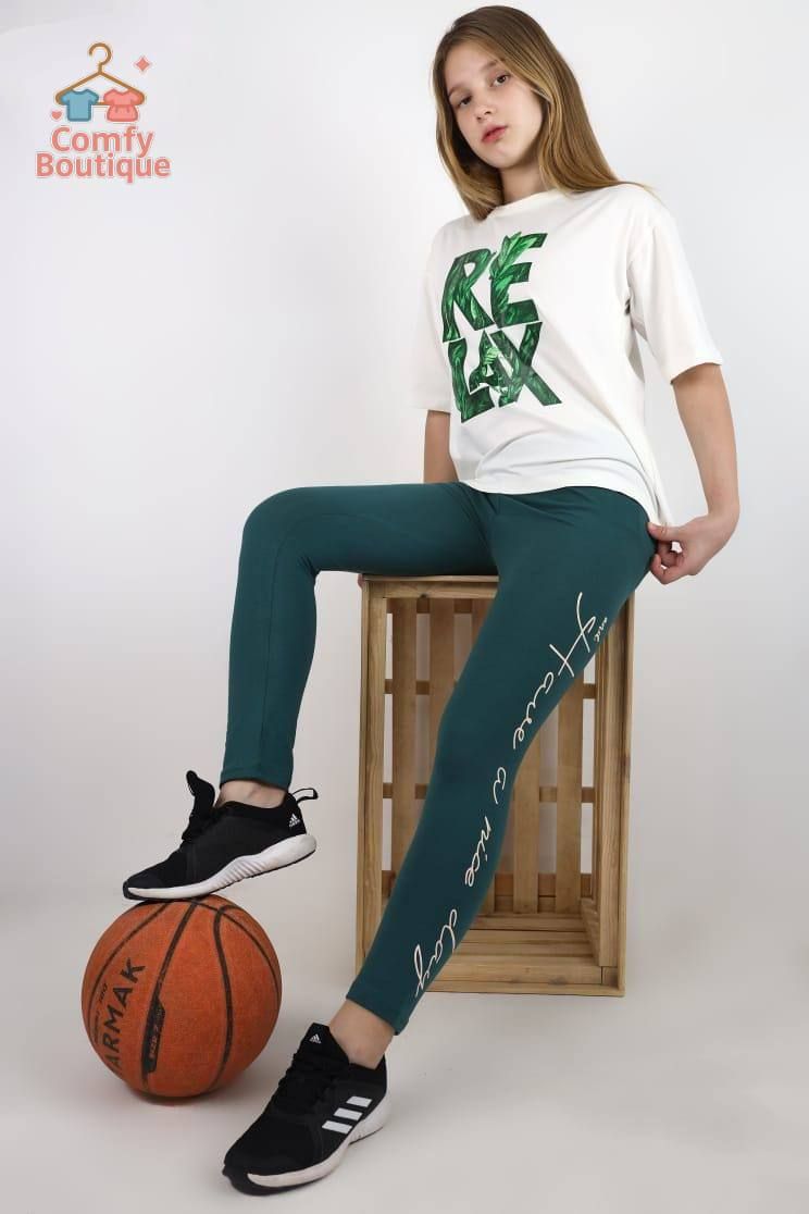 Girls’ Athleisure Look – White Relaxed Tee & Forest Green Leggings