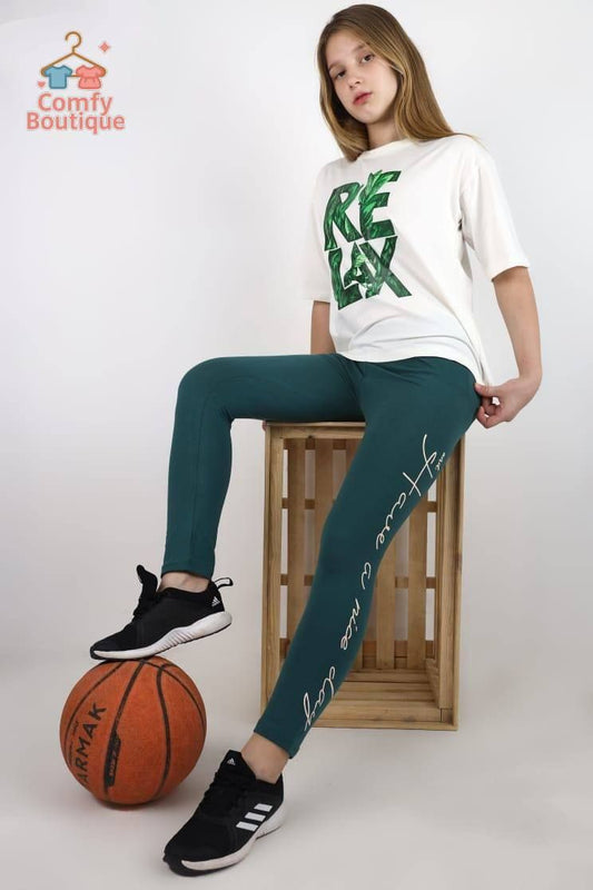 Girls’ Athleisure Look – White Relaxed Tee & Forest Green Leggings