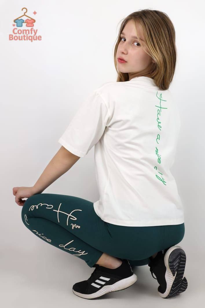Girls’ Athleisure Look – White Relaxed Tee & Forest Green Leggings