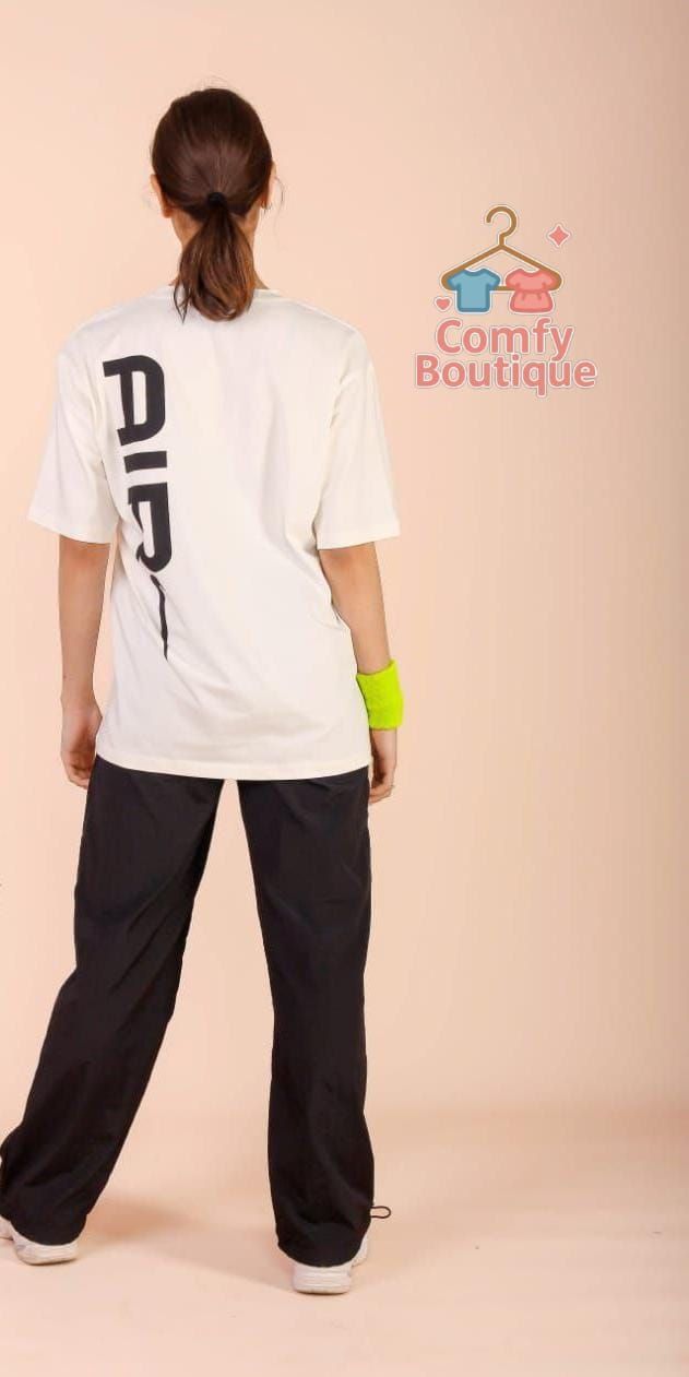 Ladies oversized white Gradient Tee + Black wide Leg Track Pants Set