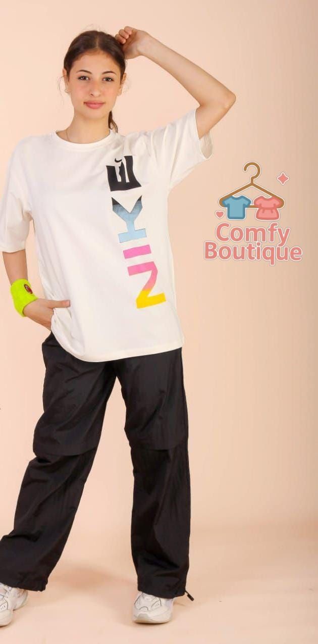 Ladies oversized white Gradient Tee + Black wide Leg Track Pants Set