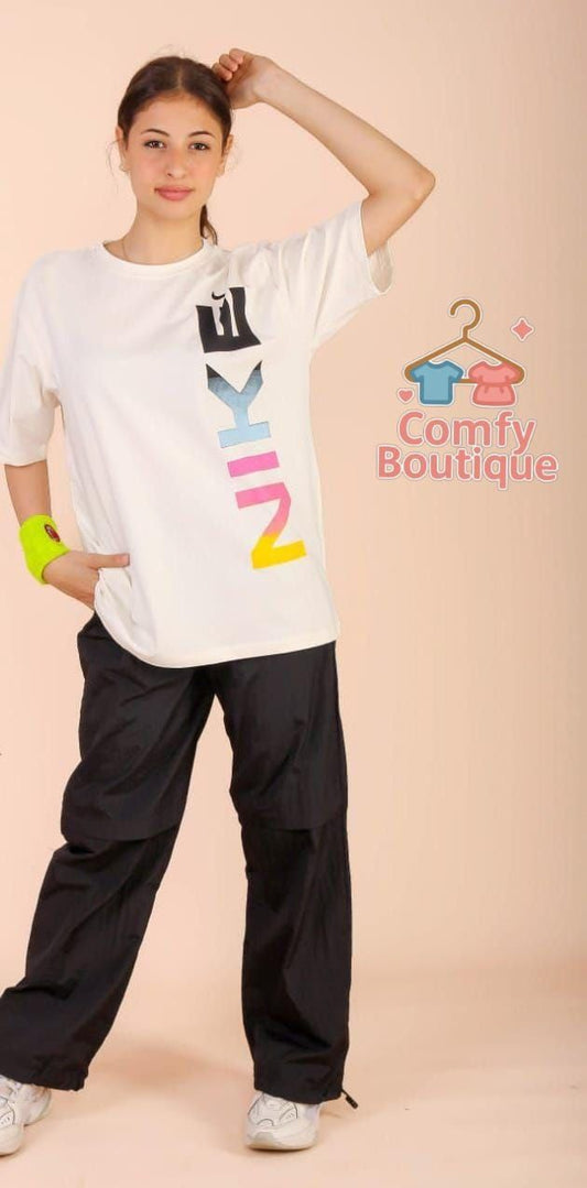 Ladies oversized white Gradient Tee + Black wide Leg Track Pants Set