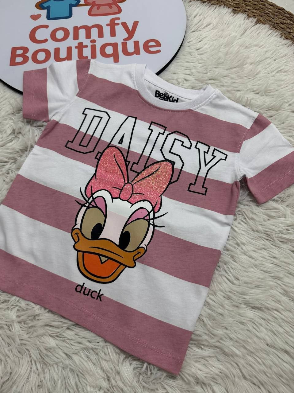 Disney Daisy Duck Girls’ Summer T-Shirt & Shorts Set – Pink Striped 2-