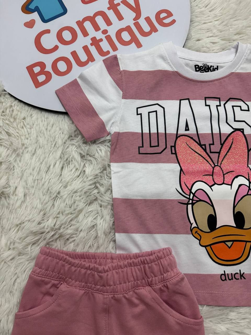 Disney Daisy Duck Girls’ Summer T-Shirt & Shorts Set – Pink Striped 2-