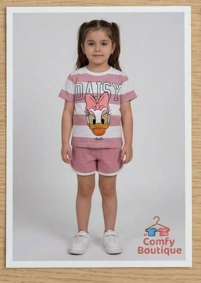 Disney Daisy Duck Girls’ Summer T-Shirt & Shorts Set – Pink Striped 2-