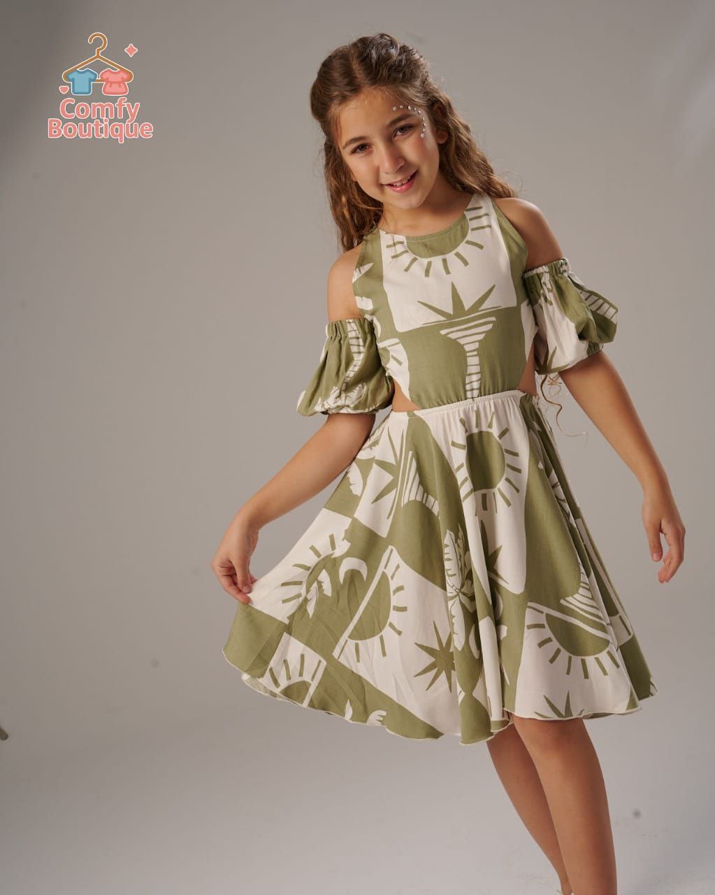 Girls’ Olive Green Cold Shoulder Summer Dress – Printed Cotton Party Dress