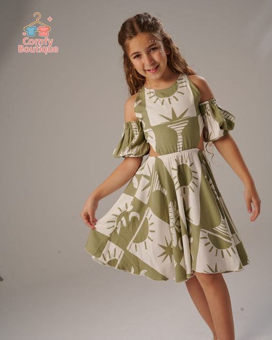 Girls’ Olive Green Cold Shoulder Summer Dress – Printed Cotton Party Dress