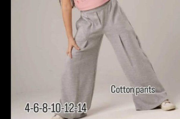Girls’ Grey Wide Leg Cotton Pants – High-Waist Casual Palazzo Trousers