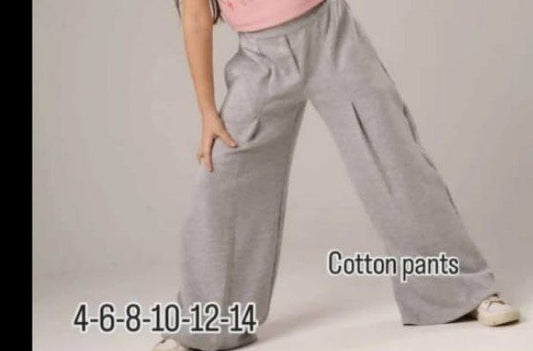 Girls’ Grey Wide Leg Cotton Pants – High-Waist Casual Palazzo Trousers