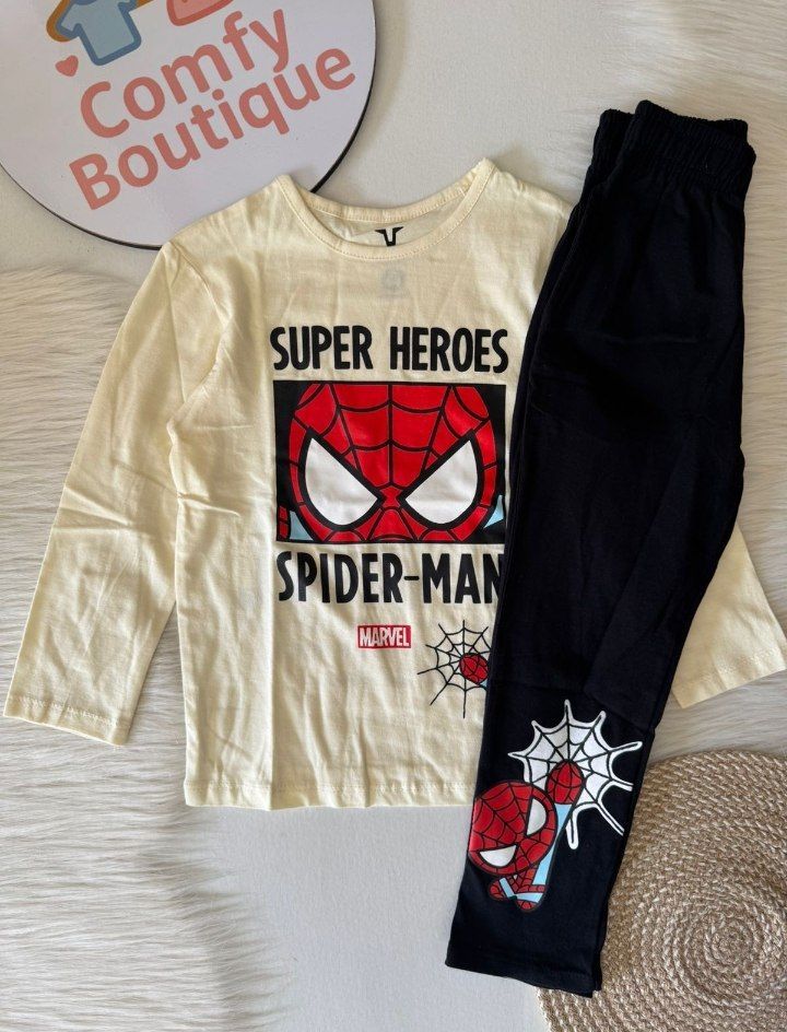 Marvel Spider-Man Boys’ Long Sleeve T-Shirt & Jogger Set – Cream & Black Superhero Outfit|SH118