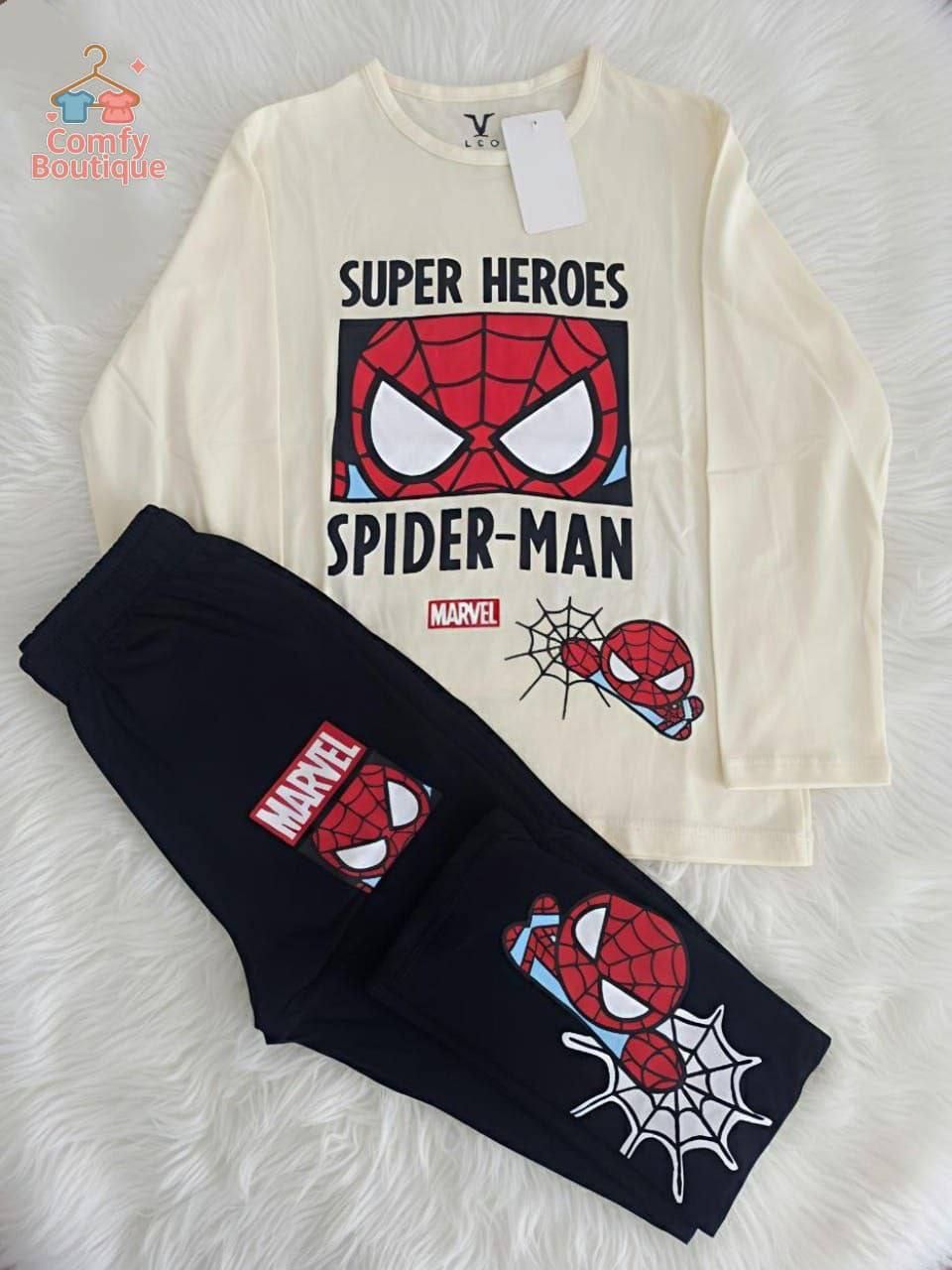 Marvel Spider-Man Boys’ Long Sleeve T-Shirt & Jogger Set – Cream & Black Superhero Outfit|SH118