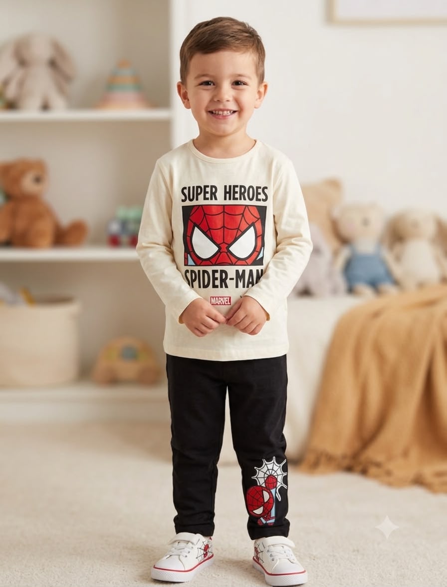 Marvel Spider-Man Boys’ Long Sleeve T-Shirt & Jogger Set – Cream & Black Superhero Outfit|SH118