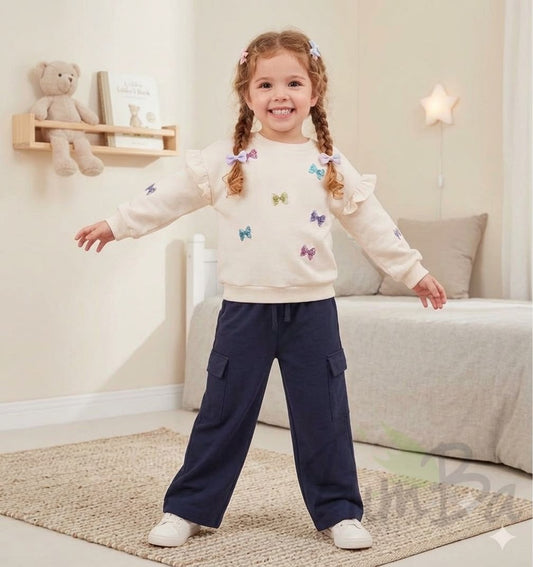 Girls’ Butterfly Embellished Sweatshirt & Navy - ZU313 Wide Leg Cargo Pants Set – Casual Kids Outfit, Long Sleeve |ZU313