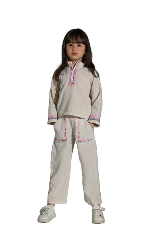 Girls Beige Embroidered 2-Piece Linen Set – Long Sleeve Top & Wide Leg Pants |B72