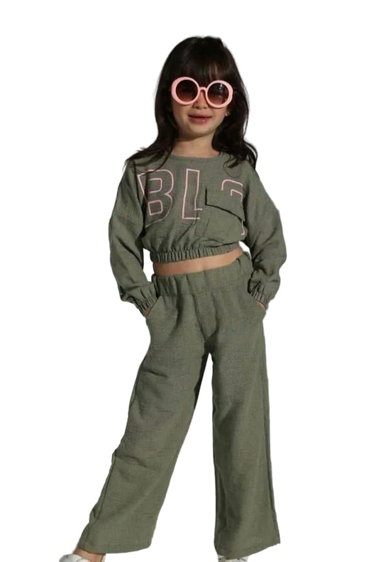 Girls Olive Green 2-Piece Wide Leg Pants Set | Fashion Kids Outfit| A2410