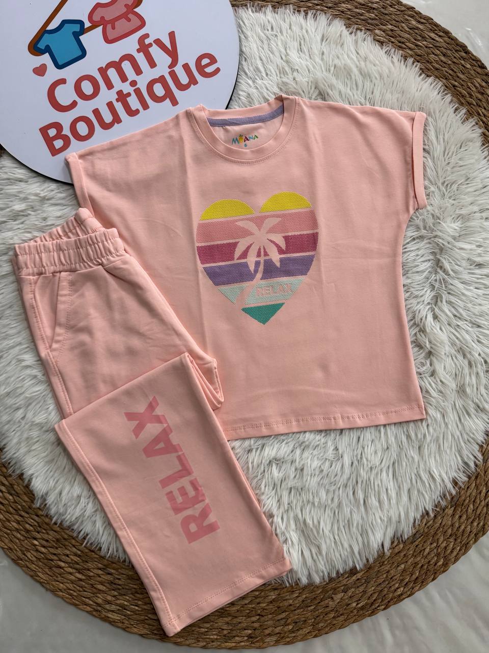Girls Palm Heart Pink Lounge Set – Casual Summer Comfort Outfit