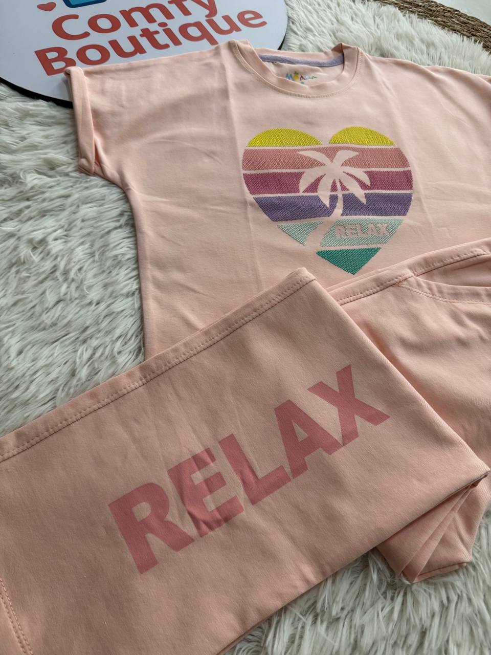 Girls Palm Heart Pink Lounge Set – Casual Summer Comfort Outfit