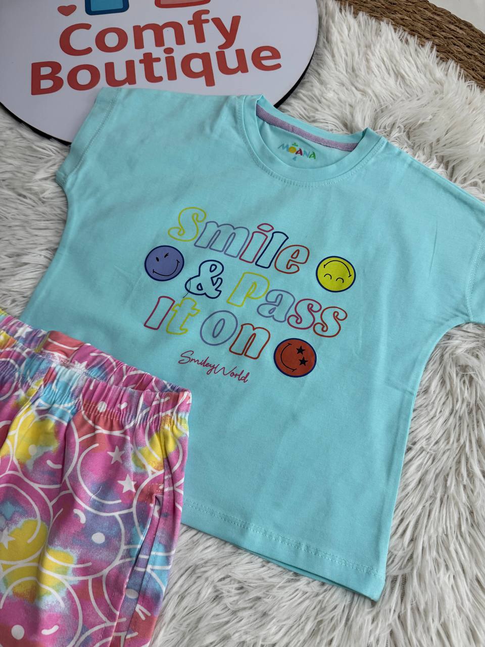 Girls Smile Bright Summer Shorts Set – Fun & Colorful Kids Outfit ☀️😊