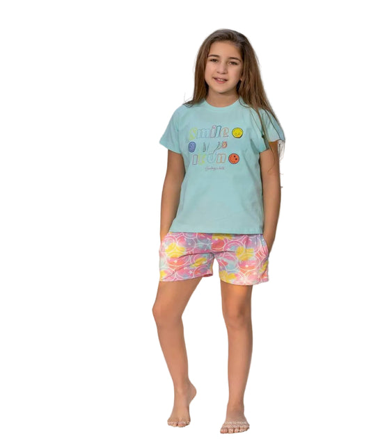 Girls Smile Bright Summer Shorts Set – Fun & Colorful Kids Outfit ☀️😊MO3259