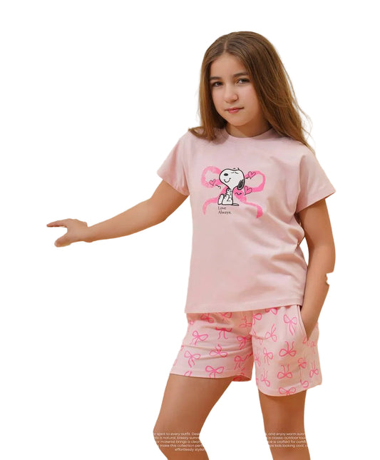 Girls Snoopy Pink Summer Shorts Set – Cute & Comfy Sleepwear 🩷🐾 MO3254