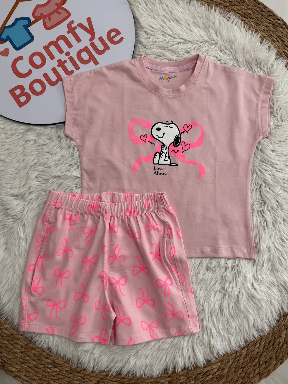 Girls Snoopy Pink Summer Shorts Set – Cute & Comfy Sleepwear 🩷🐾