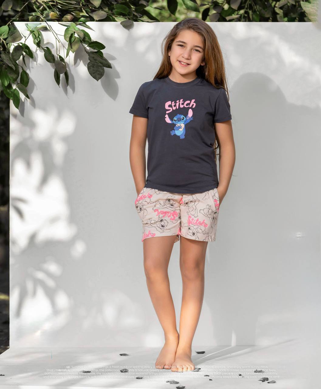 Girls Stitch Summer Shorts Set – Cute Cartoon Sleepwear for Kids 💙✨